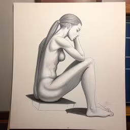 a pencil drawing of a woman sitting in the corner,a drawing of a girl sitting on the floor in front of a white canvas