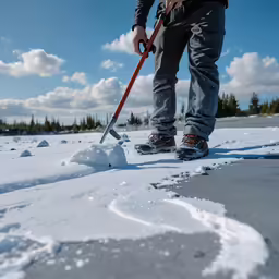 a person is standing in the snow holding a shovel