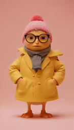 a stuffed animal is dressed in a coat and beanie