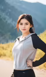 a woman standing outside by a mountain wearing a hoodie