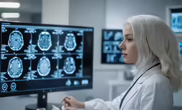 a woman at a computer showing mri images