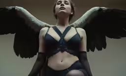a woman in lingerie with wings in front of her