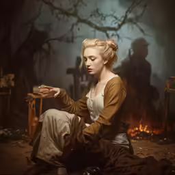 an image of woman in costume sitting on the ground