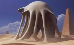 a giant sea creature in the sand under a blue sky
