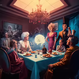 a painting of four people having tea at a table