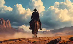 an image of cowboy on horse in the mountains