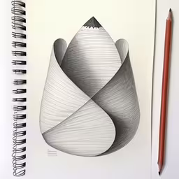 the drawing is an abstract, twisted shapes,there is a drawing of three hills that have spiral lines