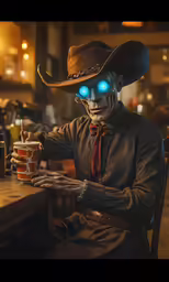 a man in a costume and hat holding a drink