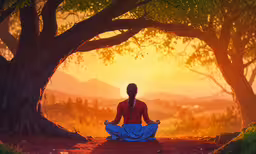 a painting of a woman meditating in a peaceful place with trees,a woman doing yoga in front of an orange sunset