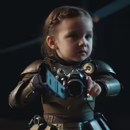 a young child is dressed up in star wars holding a camera