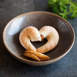 a bowl with two slices of bread cut into the shape of a heart