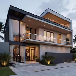 a modern home with a staircase leading to the upper floor