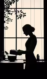 a woman is standing in a room with some windows