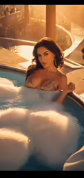a woman in a swim suit sitting inside of an air bubble filled tub
