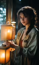 a woman standing next to a lantern that has lit candles