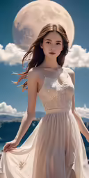 an asian woman poses in a dress against a moon like backdrop