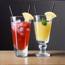 two glasses of soda sitting on a table top