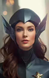 a woman in black leather is wearing a helmet