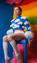 a woman is dressed in blue and white