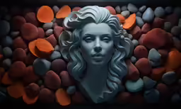 a statue of a woman surrounded by lots of rocks