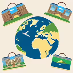 two suitcases with a world map in the background,four small suitcases are placed around the world