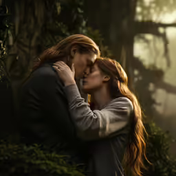 there is a man and woman kissing in the forest