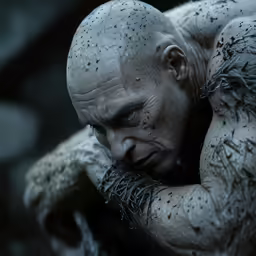an older man is covered in dirt and grim, sitting alone