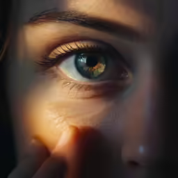 a person with dark hair and blue eyes looking in