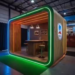 a large wooden office is lit up by lighting