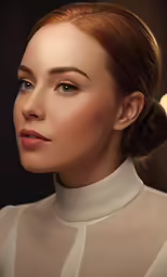 a woman with her hair up in a bun