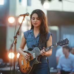 a woman standing next to a microphone playing an electric guitar