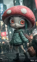 a cartoon girl in an odd outfit standing on the street