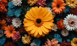 many flowers that are yellow and brown next to each other