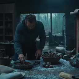 a man is adding ingredients to a bowl with food on the table