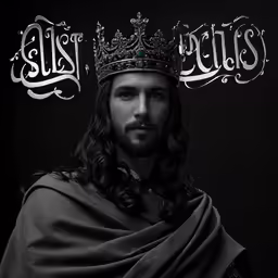 a man wearing a crown in a black and white photo