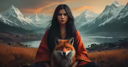 a woman with long black hair sits next to a fox