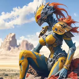 a very pretty and colorful robot sitting on top of rocks