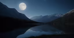 a moonlight night with full moon and mountain reflections on a lake