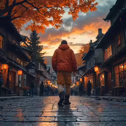 a person walking down the street at night