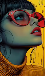 a woman wearing red and pink glasses next to a yellow wall