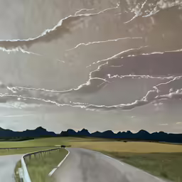 a photograph of the sky and hills with an asphalt road and grassy plain