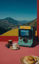 an old blue camera next to plates with coffee and pastries on the table