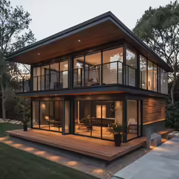 this is a modern house with wood sidings and glass windows