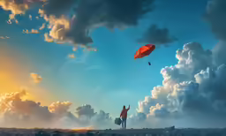 a person flies an orange kite in the sky on a cloudy day