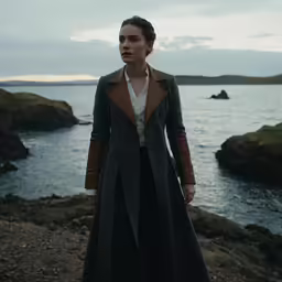 a woman wearing a green coat stands on a rocky beach near the water