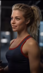 a girl with her hair pulled back stands in front of a pole