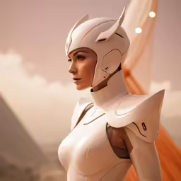 a girl wearing a futuristic suit with horns and headpiece