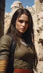 the woman is wearing a brown shirt and carrying a backpack
