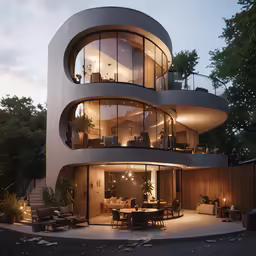 the round building is set into a lot of glass and steel