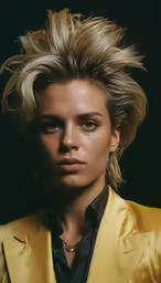 a woman wearing a yellow suit and earrings
